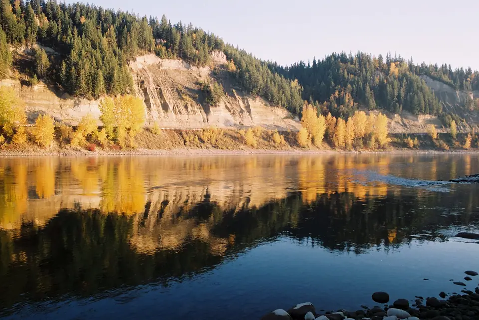 Autumn cutbanks reflected in the river at Paddlewheel Park, Prince George