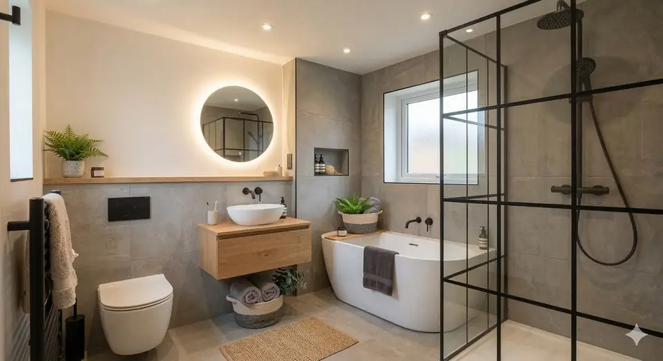 Design concept: a grey bathroom with a freestanding tub, black-framed shower screen and wall-hung toilet