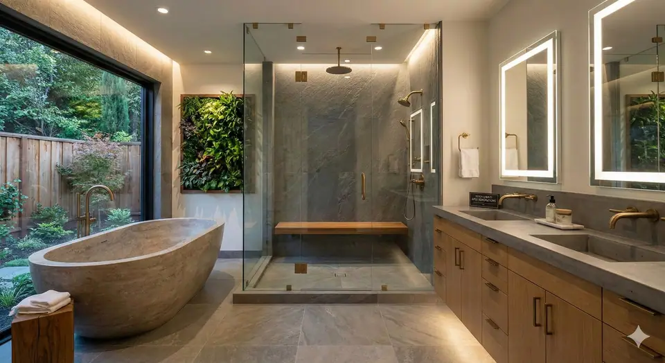 Design concept: a bathroom opening to a garden with a stone tub, glass shower and long double vanity