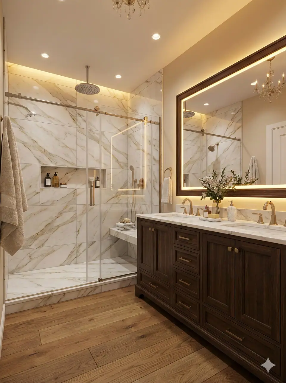 Design concept: a marble walk-in shower with a glass door beside a dark walnut double vanity