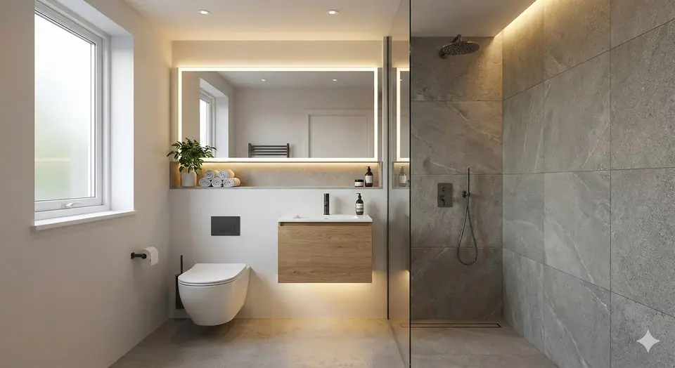 Design concept: a bathroom with a large-format tiled shower, wall-hung toilet and a lit floating vanity