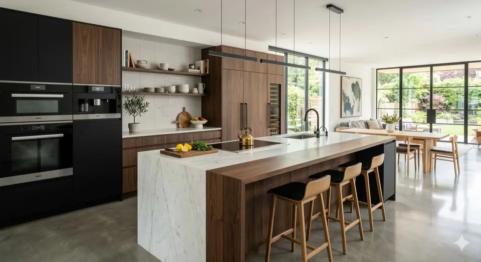 Design concept: an open-plan kitchen with a stone and walnut island, black wall ovens and seating