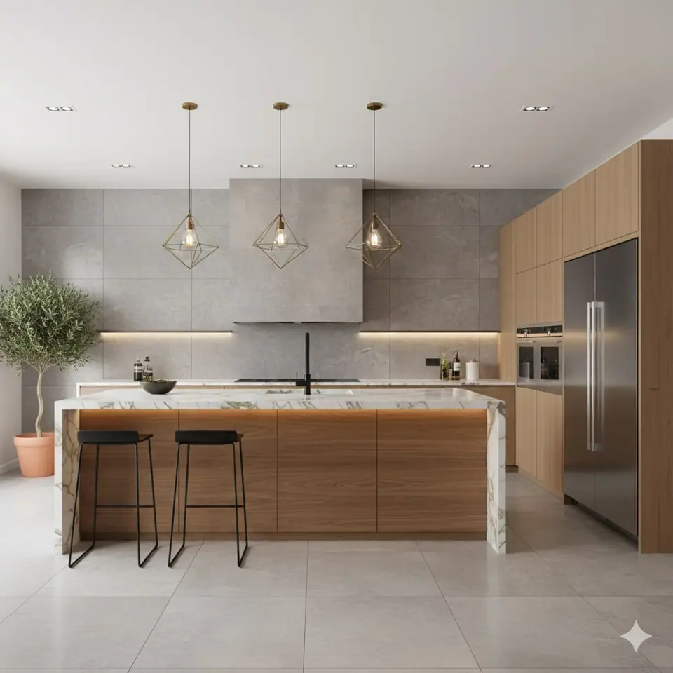 Design concept: a light kitchen with oak cabinetry, stone island and three glass pendant lights
