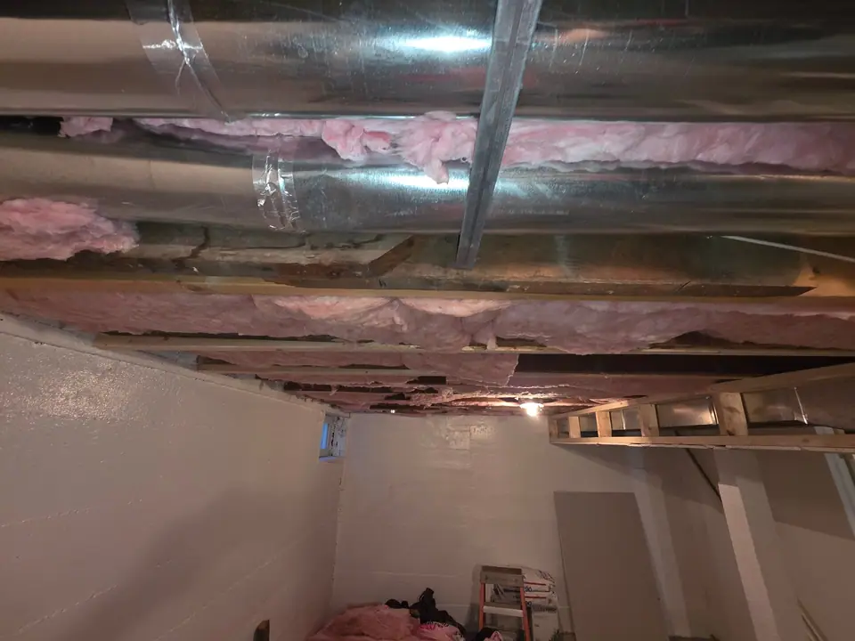 Basement ceiling: ductwork boxed in, bulkheads and drywall, photo 3 of 9 (in progress)