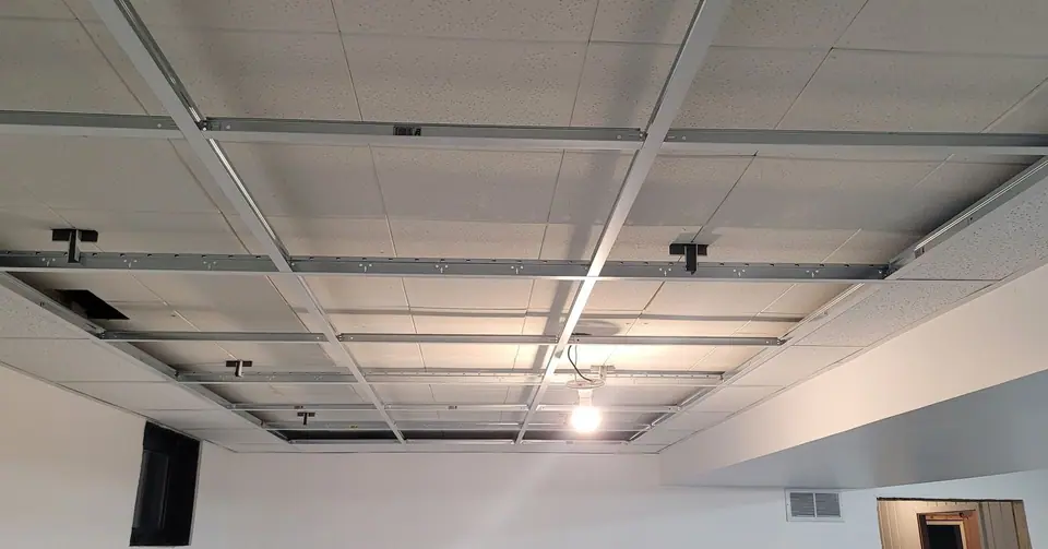 Basement, ceiling grid to finished room: ceiling grid stage