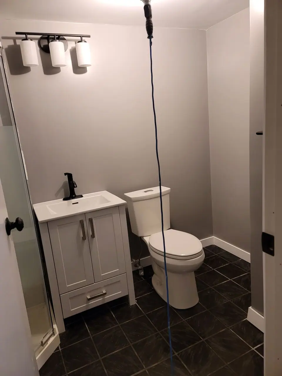 Basement bathroom with a corner glass shower: Zenith job-site photo