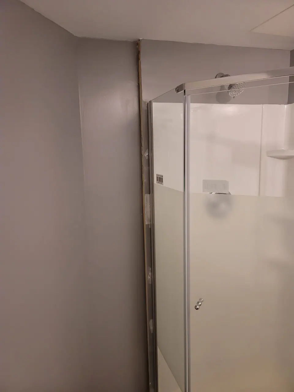 Basement bathroom with a corner glass shower, photo 9 of 9 (finished)