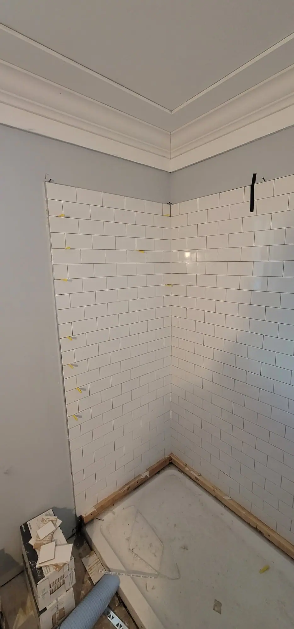 Subway tile shower, membrane to tile, photo 10 of 11 (in progress)