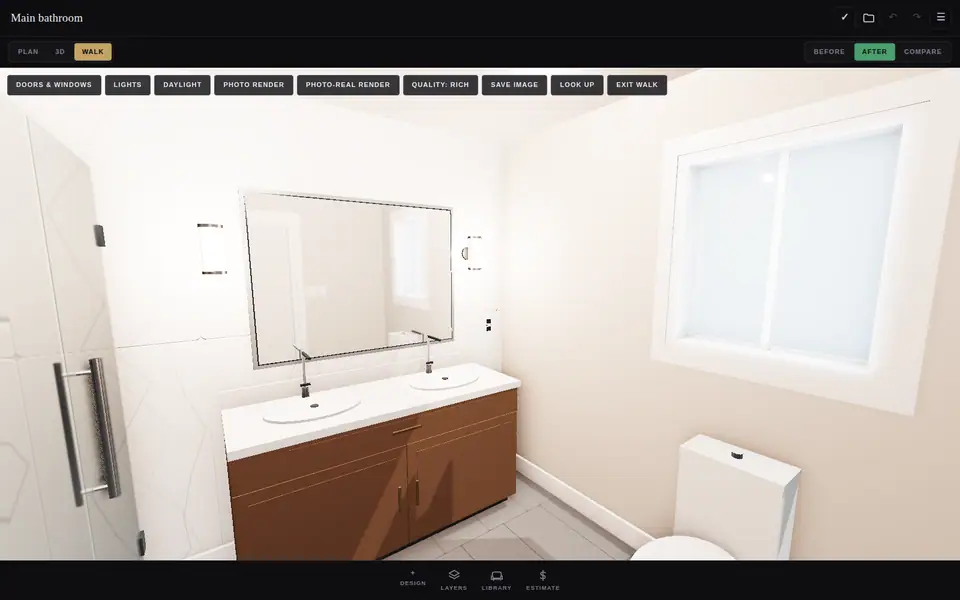 Sconces either side of the mirror for even light at the vanity, with the window on its own wall over the toilet.