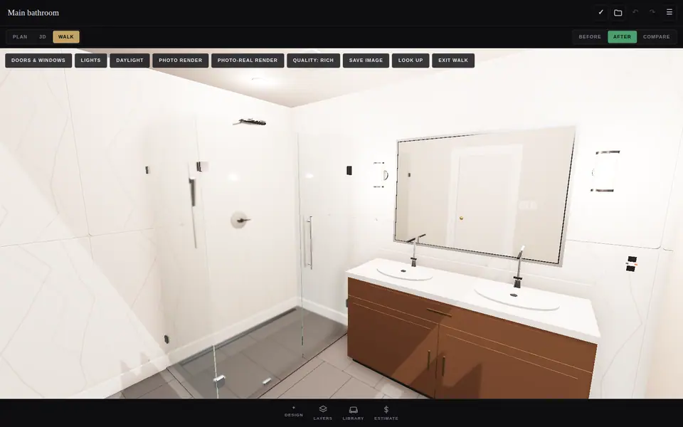 Walk through the finished room in 3D: a curbless shower behind frameless glass, large-format marble-look porcelain, a 60-inch walnut double vanity.