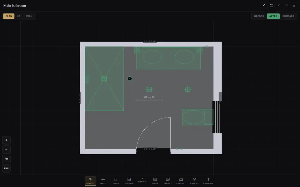 The plan, drawn from a few measurements, with every fixture placed to scale and checked against our clearance standards.